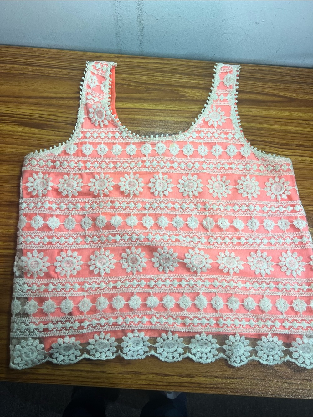 Charlotte Russe Coral Tank Top with White Crochet Floral Overlay